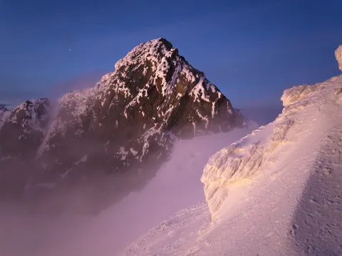 Snow and rime ice on Alexandra Peak in the glaciated Mount Stanley massif, Rwenzori Mountains, at dawn